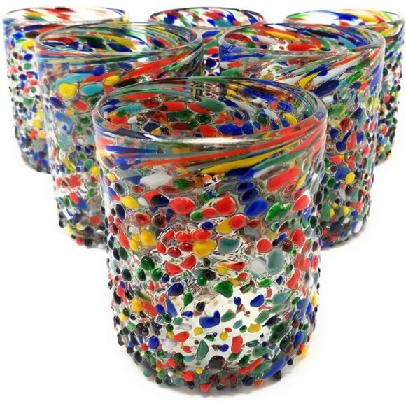 MexHandcraft - Confetti Rocks 14 oz Drinkglazen, Set van 6, Mexicaans handgemaakt veelkleurig glaswerk, gerecycled glas, lood en toxinevrij (drinken